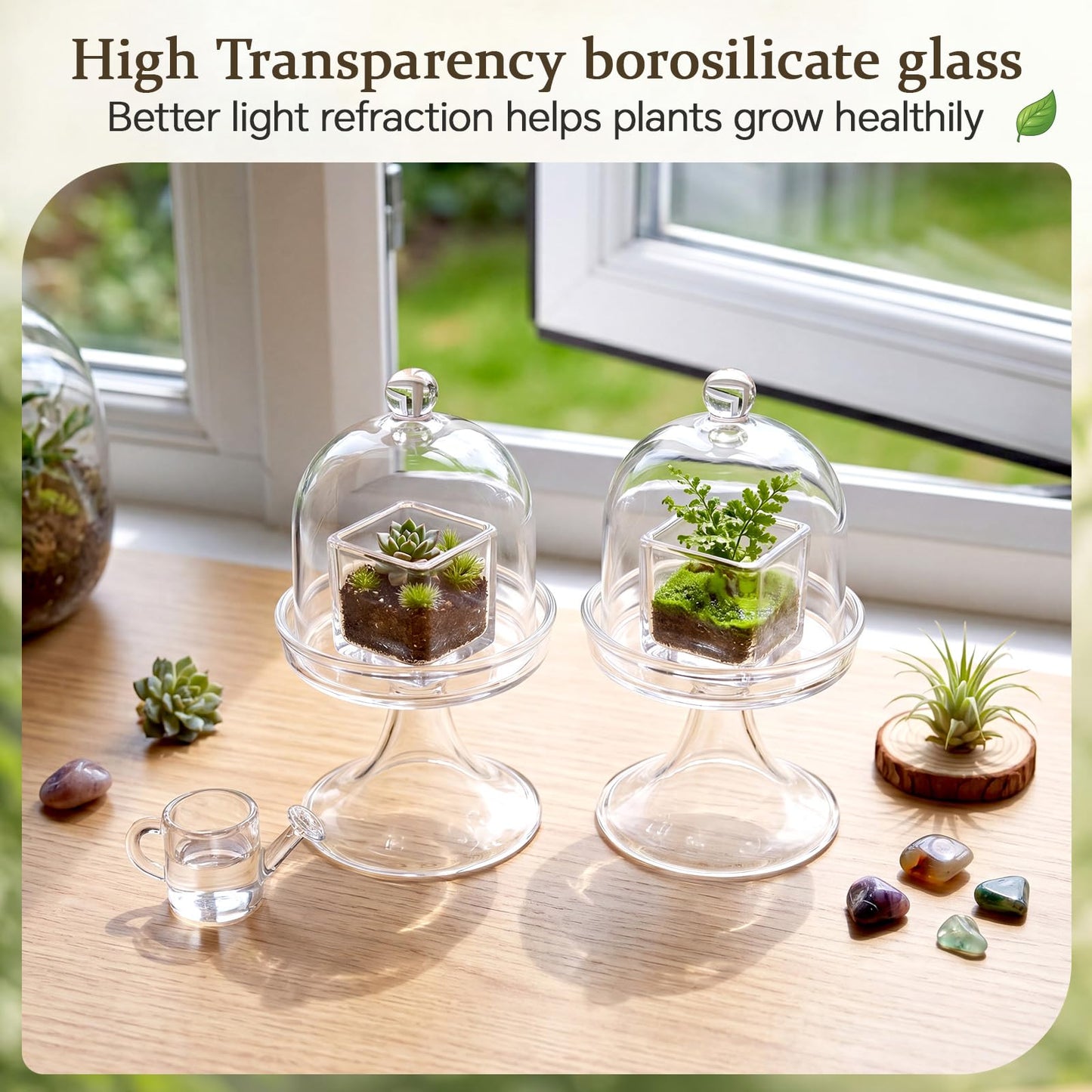 Gandeer 6 Pack Mini Glass Cloche with Base Bell Jar Dome & Acrylic Cube Planter 2.7 x 2.7 x 5'' Clear Glass Terrarium for Succulents Moss Cakes Miniature Dioramas Specimens Jewelry Rings Display