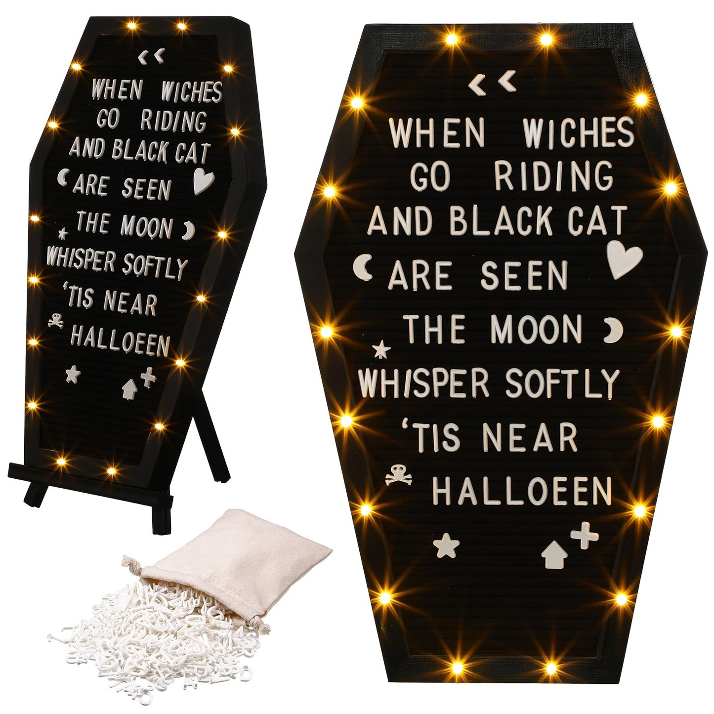 Colarr Coffin Black Felt Letter Board Built in LED Lights with Stand Halloween Decor, 500+ Characters White Precut Halloween Letter Board Home Decor with Linen Storage Bag 16.54 x 10.47 Inch