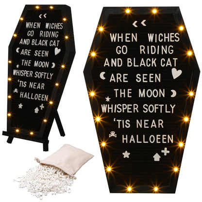 Colarr Coffin Black Felt Letter Board Built in LED Lights with Stand Halloween Decor, 500+ Characters White Precut Halloween Letter Board Home Decor with Linen Storage Bag 16.54 x 10.47 Inch
