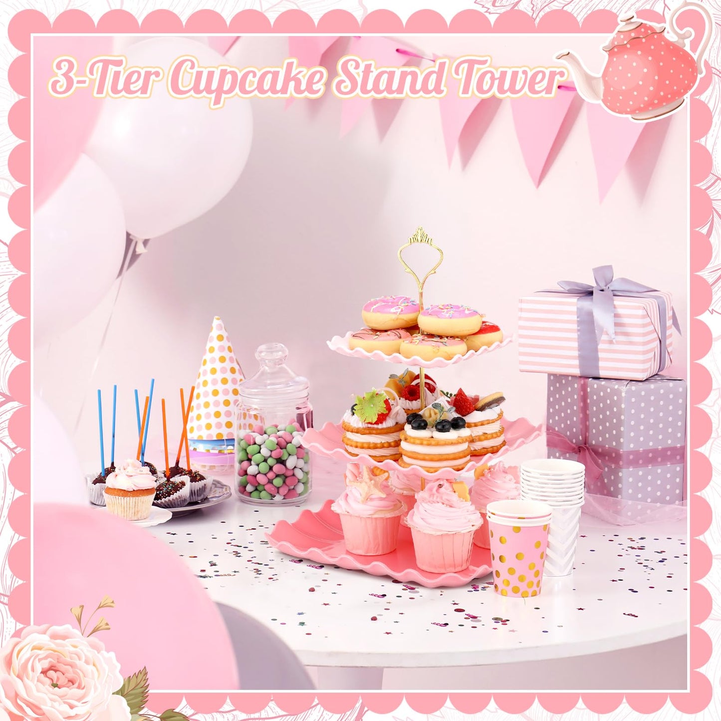Lallisa 2 Pack Scalloped Cupcake Stand Dessert Plates Plastic Square Tiered Serving Stand Display Tower for Wedding, Birthday Party, Tea Party and Baby Shower(Pink Gradient)