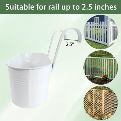 Joyfernal 12" Balcony Railing Planters, Outdoor Hanging Planter for Fence, Stylish Metal Porch Deck Flower Pot for Herbs & Succulents (White, Pack of 2)