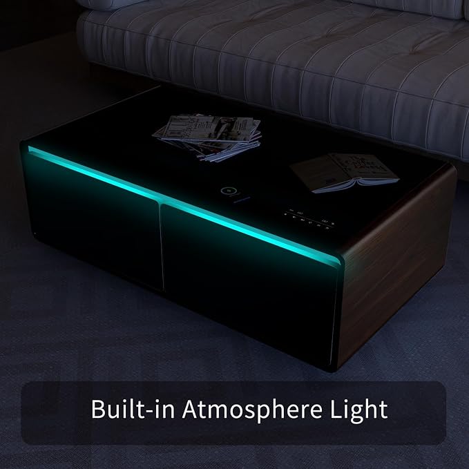 Smart Coffee Table with Fridge and Bluetooth, Smart Refrigerator Table with Dual Speakers, 15W Wireless Charger, Control Panel, Outlet Protection, USB Port, Atmosphere Light, LT135 Pro-Brown