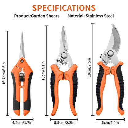 3 Pack Garden Pruning Shears, Stainless Steel Shears, Gardening Shears Scissors Pruning Shears for Gardening Tools (3PCS Orange and Black)