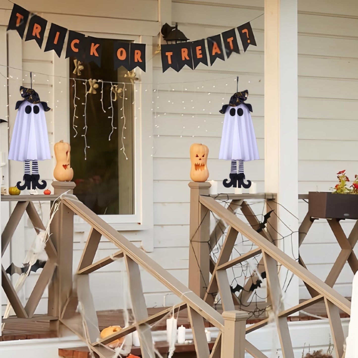Set of 3 Halloween Hanging Ghosts, Halloween Decorations Witch Hat Lights, Outdoor Glowing Ghost for Yard Patio Garden Tree