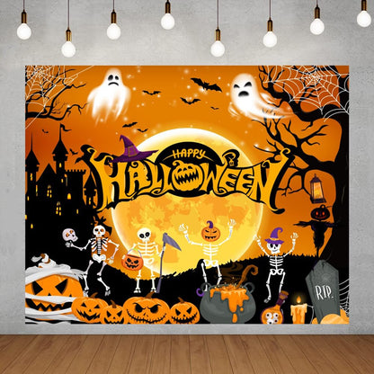 Halloween Backdrop 10x8ft Orange Happy Halloween Banner Decorations Moon Scary Castle Ghost Pumpkin Lantern Backdrops Large Halloween Background for Photobooth Props