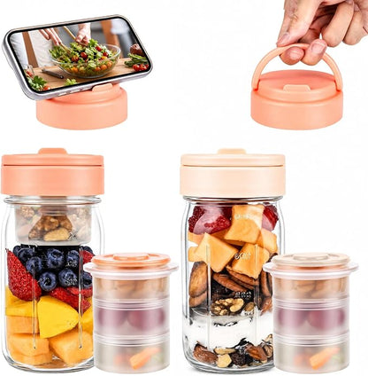 TQRR 32 OZ 4 Pack Overnight Oats Containers with Lids, Glass Storage Jar with Dry and Wet Separation, Leakproof Wide Mouth Mason Jars, Glass Jars with a Handle for Salads,Yogurt (2, Beige & Pink)