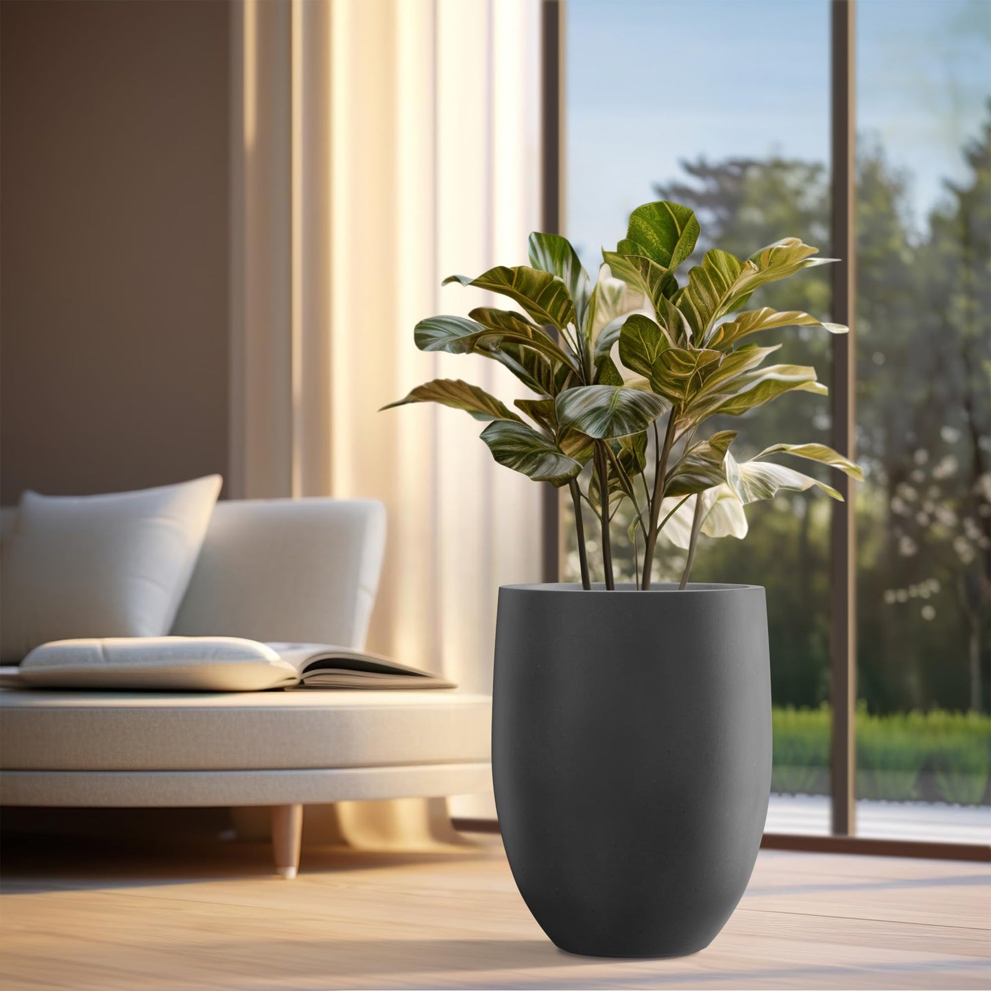Kante 21.7" H Burnished Black Tall Planter, Large Outdoor Indoor Decorative Pot with Drainage Hole and Rubber Plug, Modern Round Taper Style for Home and Patio