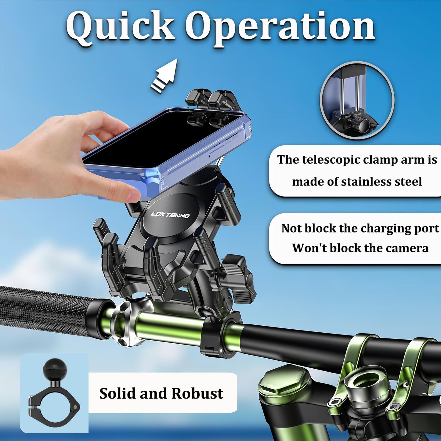 LOKTENWO Motorcycle Phone Mount with Vibration Dampener & Secure Lock, [Size Adjustable] [Larger & Thicker Phones Friendly ] Handlebar Cellphone Holder for ATV Scooter for 5.7''-8.5'' Smartphone