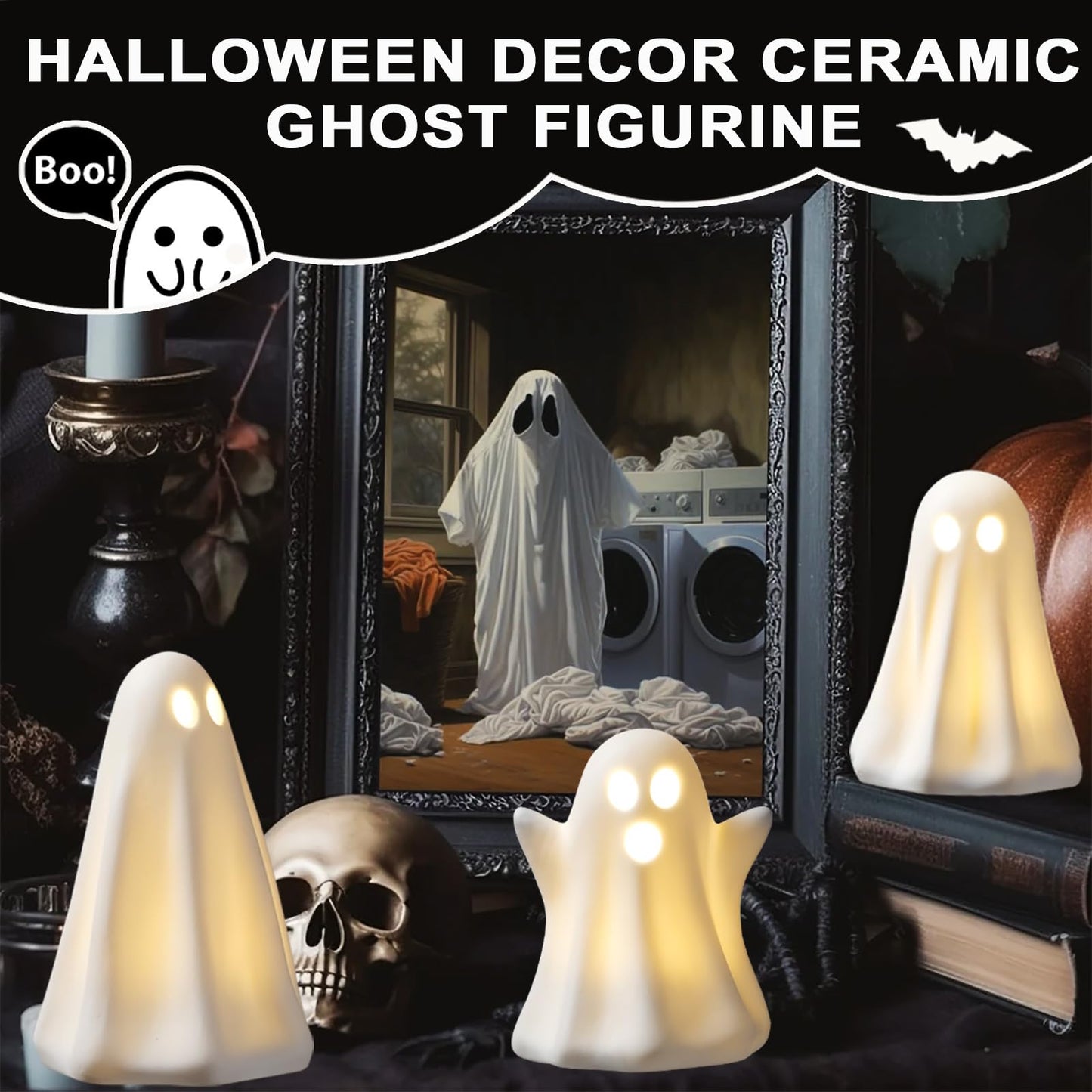 Light Up Ghost Halloween Decor - 3 Pack Ceramic White Ghost Figurines - Indoor, Table, Tray