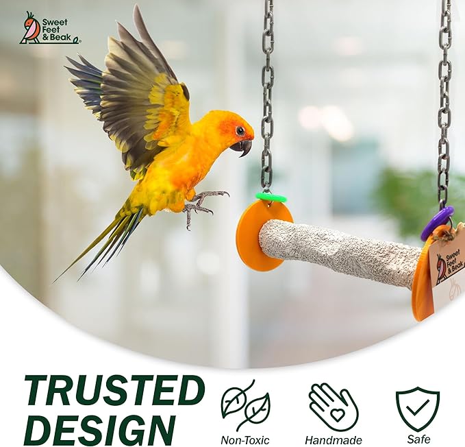 Sweet Feet and Beak Roll Bird Swing - Pumice Perch Bird Toys Trims Nails and Beaks, Safe Bird Cage Accessories for Small and Large Birds, Swinging Toys Birds Will Love, XSmall 4.5 Inches - Orange