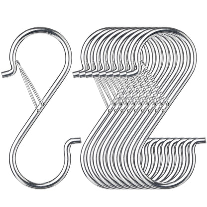 iCafePub 12 PCS S Hooks for Hanging with Safety Buckle, Metal S Shaped Hooks Fit for 0.5 Inch Rod Diamater, for Kitchen Utensil, Cups, Pots, Plants, Bags, Hats (Silver)