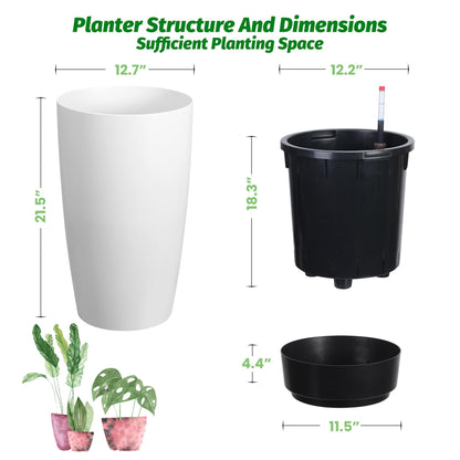 GarveeLife Set of 2 Tall Planters for Outdoor Plants, 22 in Large Planters for Outdoor Indoor Plants with Water Level Monitor ＆ Inner Bucket, Automatic Watering, for Porch, Patio, Backyard, White