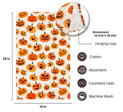 PurpleEssences Halloween Kitchen Towels Set of 2-16x28 inch 100% Cotton Dish Towels - Absorbent, Reusable Hand Towels for Drying, Cleaning & Kitchen Décor - Scary Pumpkin