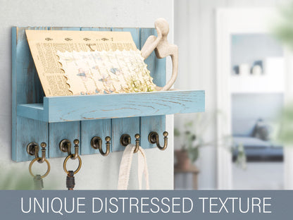 Rebee Vision Decorative Key Holder for Wall - Farmhouse Mail Organizer and Key Hanger Wall Mount for Floating Shelf with Hooks - Mid Century Home Decor Aesthetic (Distressed Blue,10-inch)