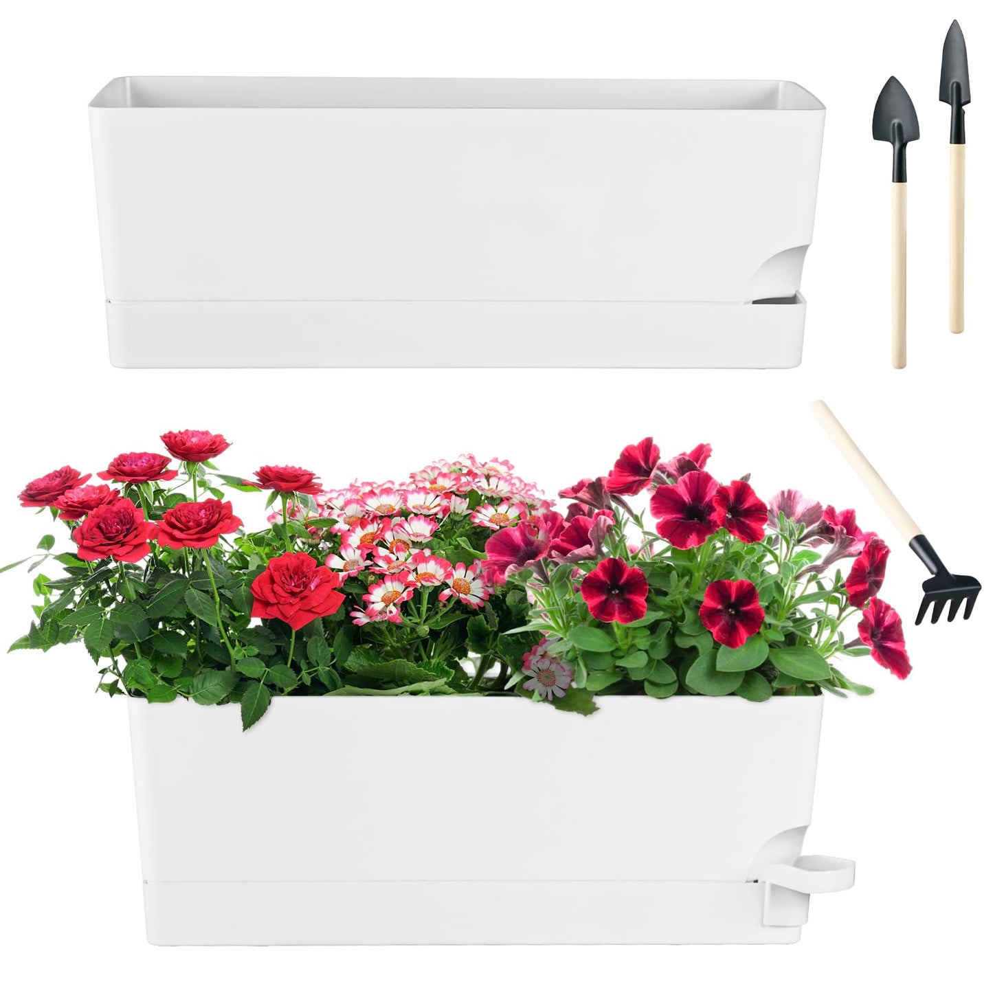 2 Pack Self Watering Pots for Indoor Plants 17 Inches Window Boxes Planters Rectangular Flower Pots Rectangle Herb Pots Large Plant Pots with Drainage Holes and Saucers Windowsill Planter, White
