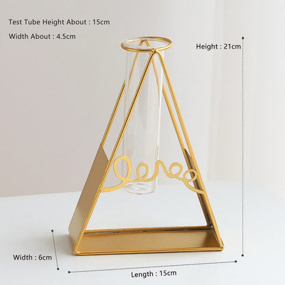 Glass Flower Vase with Metal Frame,Modern Creative Geometric Clear Vase for Flower Centerpieces Decorative,Desktop Hydroponics Vase Plant Terrarium for Home Office Decor (Gold Triangle)