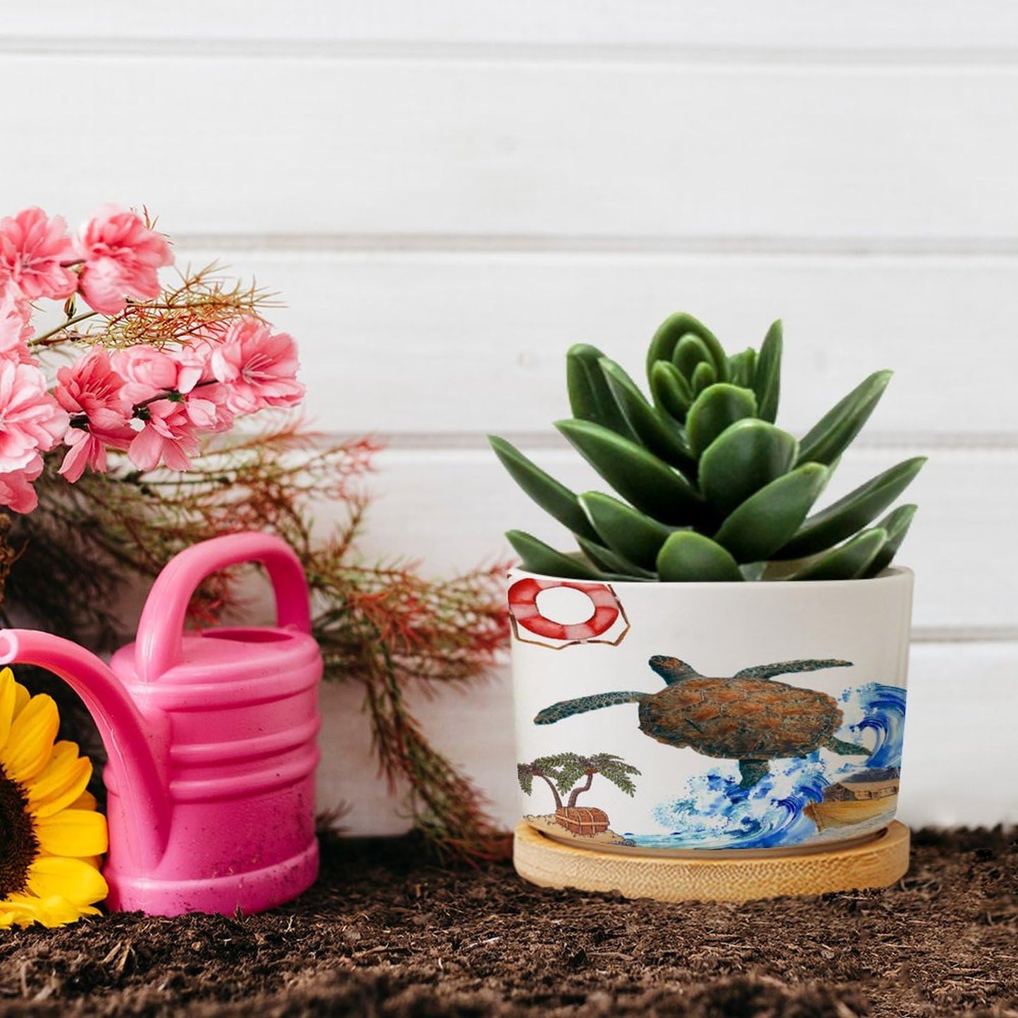 DreamAutumn Ocean Theme Sea Turtle Ceramic Planters Ceramic Pots with Saucers Orchid Pots for Plants Succulents Pots Office Desk Garden Balconys New Home Decor,Gifts for Mom Mother Grandmother