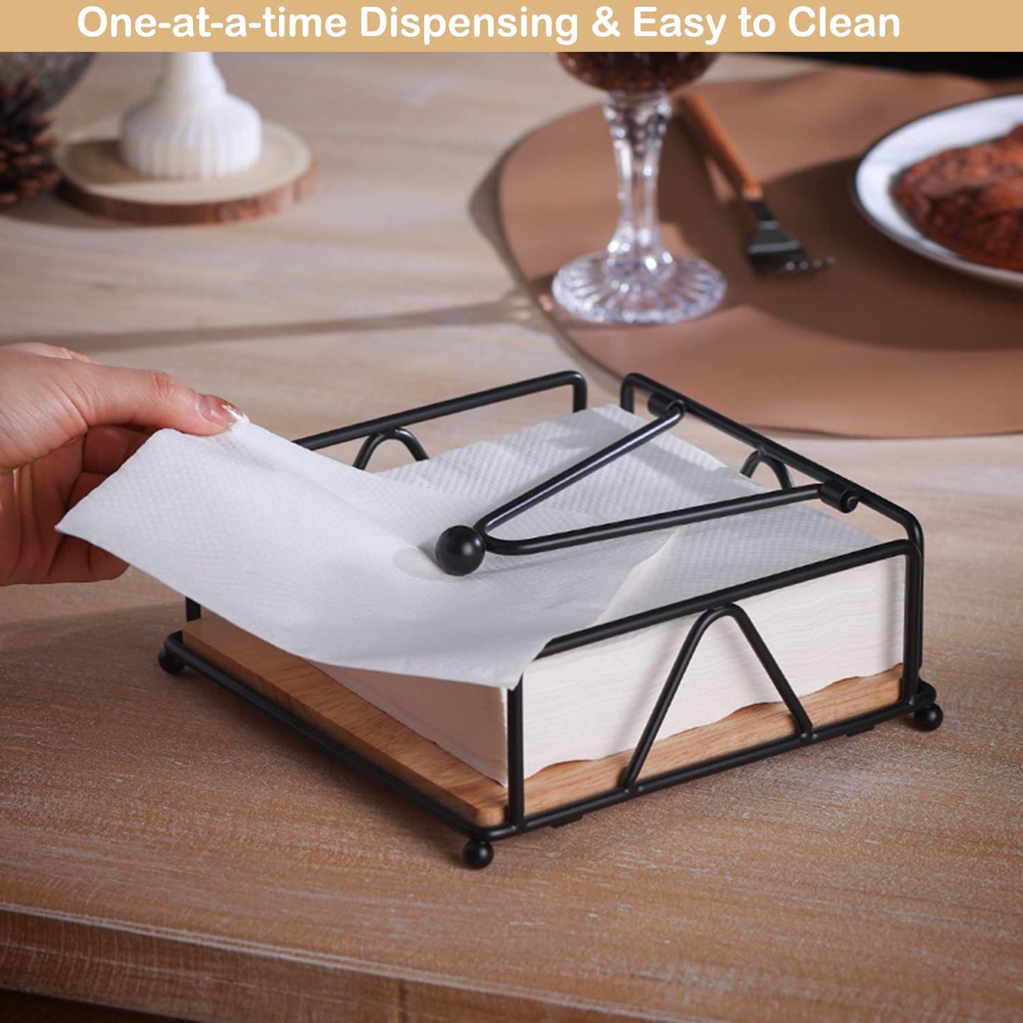Aeibun Metal Napkin Holder for Table with Weight Arm - Flat Paper Napkins Holders for Kitchen Table with Wooden Base, Farmhouse Tissue Holder Dispenser for Cocktail, Bathroom, Party, Room Decor