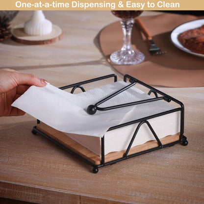 Aeibun Metal Napkin Holder for Table with Weight Arm - Flat Paper Napkins Holders for Kitchen Table with Wooden Base, Farmhouse Tissue Holder Dispenser for Cocktail, Bathroom, Party, Room Decor