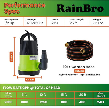 Submersible Sump Pump, 1/2 HP Sump Pump with 10ft Drain Hose Kit & 25ft Power Cord, Portable Submersible Water Pump for Pool Draining, Hot Tub, Basement Flood Removal, Garden Irrigation