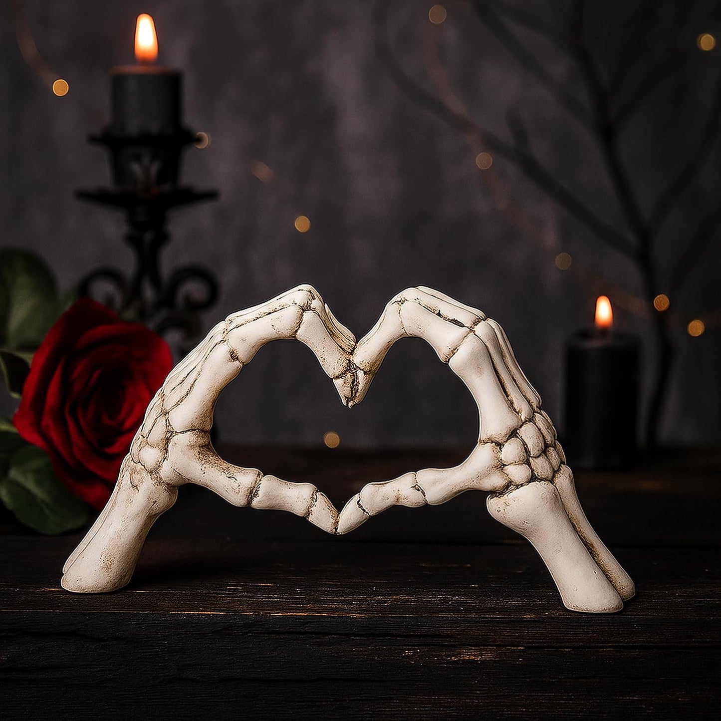 Gothic Skeleton Heart Hands Sculpture 6.3"- Unique Until Death Bone Heart Love Sign -Halloween Home Decor, Gothic Wedding Gift, Shelf Desktop Ornament