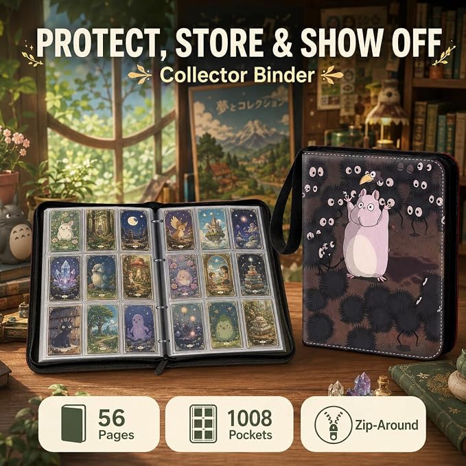 1008 Cute Card Binder 9 Pocket, 3-Ring Trading Card Binder with 56 Page Removable Sleeves, High Storage Waterproof Trading Card Holder Collection Card Album Organizer Case for TCG Cards - Coal