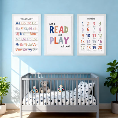 Cute Alphabet Numbers Framed Wall Art Set of 3, Boho Educational ABC Poster Wooden Sign for Baby Girl Kid Boy Toddlers, Neutral Preschool English Letters Nursery Decor for Homeschool Playroom Daycare
