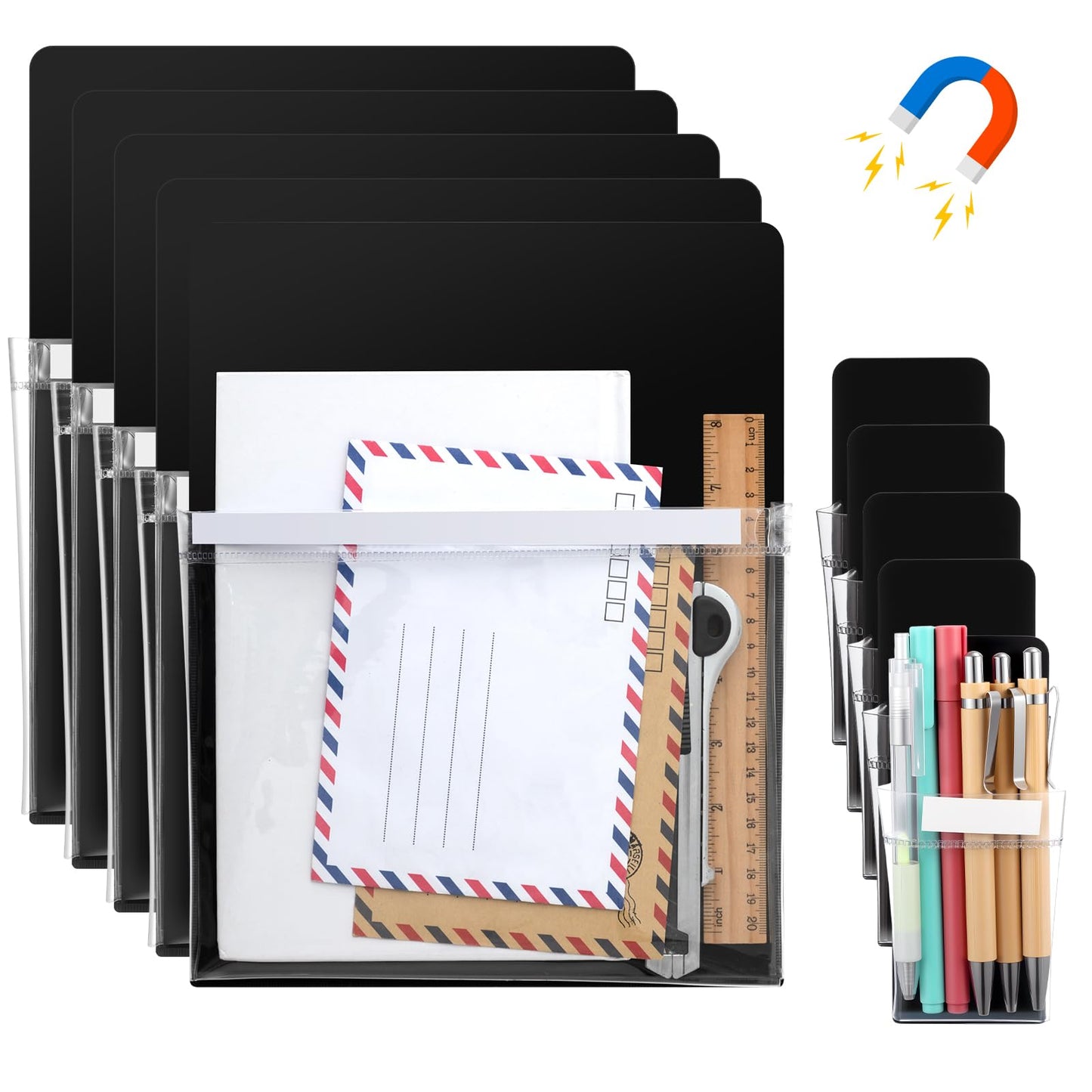Henoyso 10 Packs Black Magnetic File Holders, Self-adhesive Magnetic File Holder for Recipe, Notes, Tools - Strong Magnet Backing for Fridge, Whiteboards, and Metal Surfaces ( 9.5 x 12 In, 2.4 x 6 In)