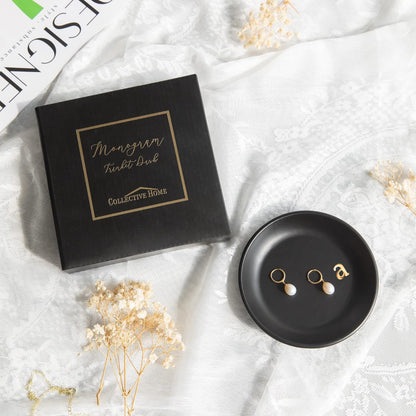 COLLECTIVE HOME - Ceramic Jewelry Tray, Decorative Trinket Dish for Rings Earrings Necklaces Bracelet Watch Keys, Birthday Mother's Day Christmas Gift for Women, 4.75", Black Surface (a)