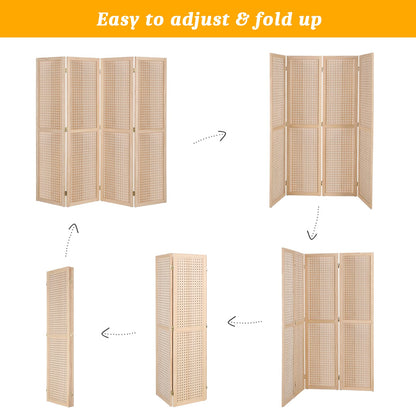 Bonnlo 4 Panel Pegboard Freestanding, 5 FT Portable Display Board Organizer for Craft Show Jewelry, Wooden Folding Privacy Screen Room Divider (with Base, Natural)