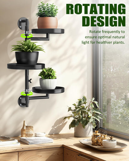 joyhalo Rotating Plant Wall Shelf 2 Pack Set, 3-Tier Window Plants Stand, 180° Rotating Wall Mounted Holder, Plants Windows Shelf, Indoor Plant Shelves for Multiple Plants