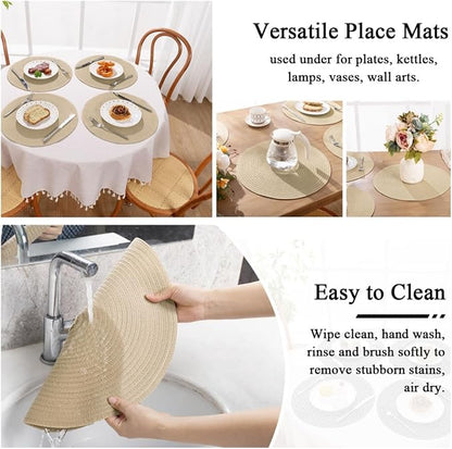 SHACOS 15 inch Round Braided Placemats Set of 4 Cotton Polyester Place Mats Washable Kitchen Dining Table Mats for Dinner Party Table Decor (Light Beige, 4)
