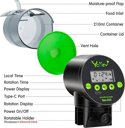 Ycozy Automatic Fish Feeder Rechargeable with USB Cable Moisture-Proof Intelligent Electric Fish/Turtle Feeder for Aquarium & Fish Tank (Plug Powered-EVS)