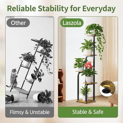 LASZOLA 5 Tiered Plant Stand Tall for Indoor Corner, Modern Multiple Flower Display Rack with Wooden Tray, Vertical Planter Shelf for Living Room Bedroom Patio Garden Balcony, Black
