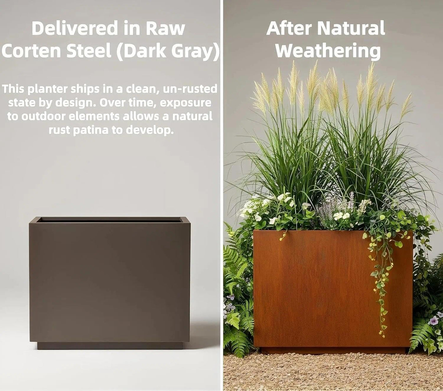 Decoroca Corten Steel Planters Outdoor - Large Rectangular Planter Box - Rust-Resistant Decor for Patio & Garden - US-Design Naturally Rusting (21" H x 20" W x 20" L)