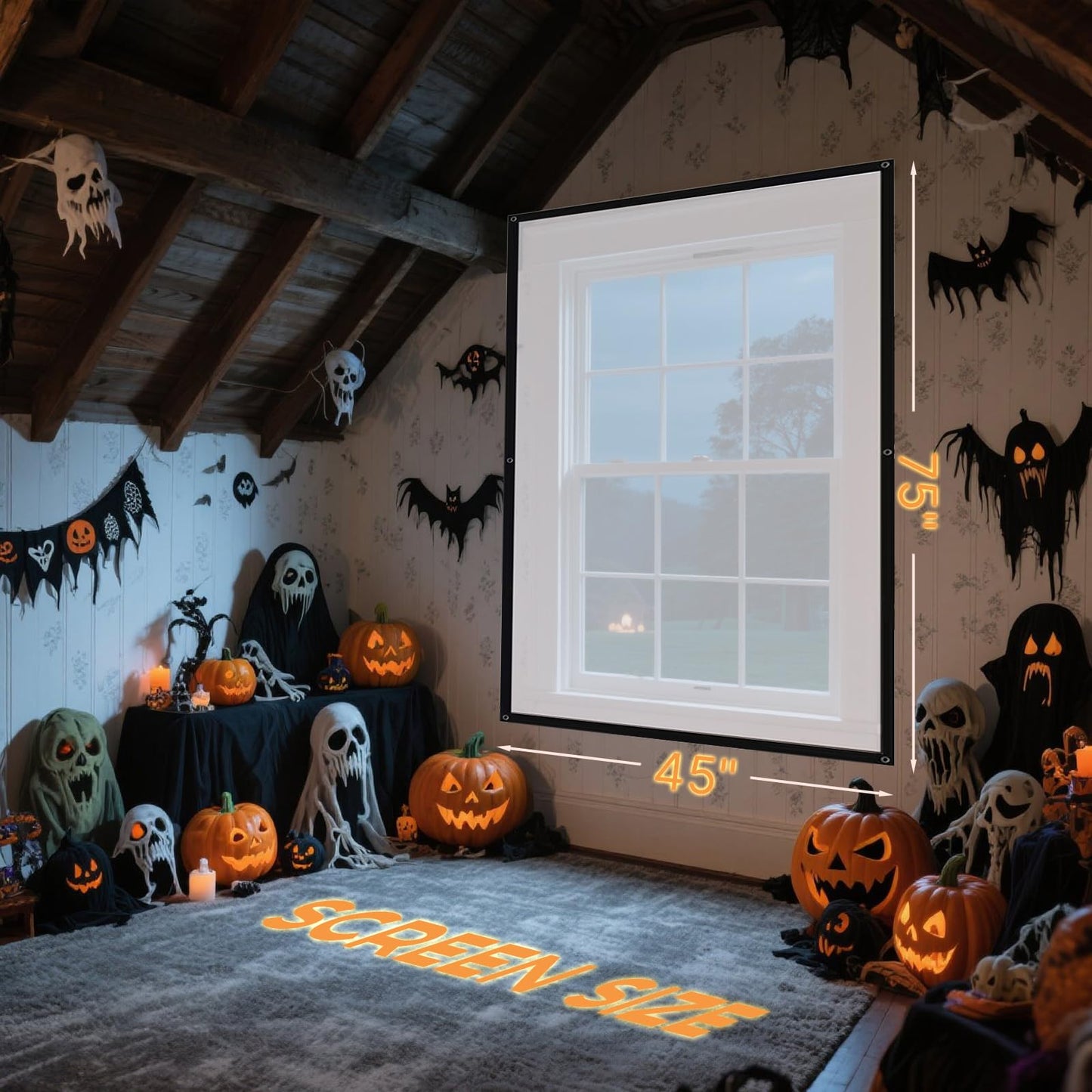 AAJK 80in Holographic Rear Projection Screen, Portable Window Projector Screen, Outdoor Projection Screens Fabric 75"x45" for Christmas and Halloween Videos with Mounting Kit