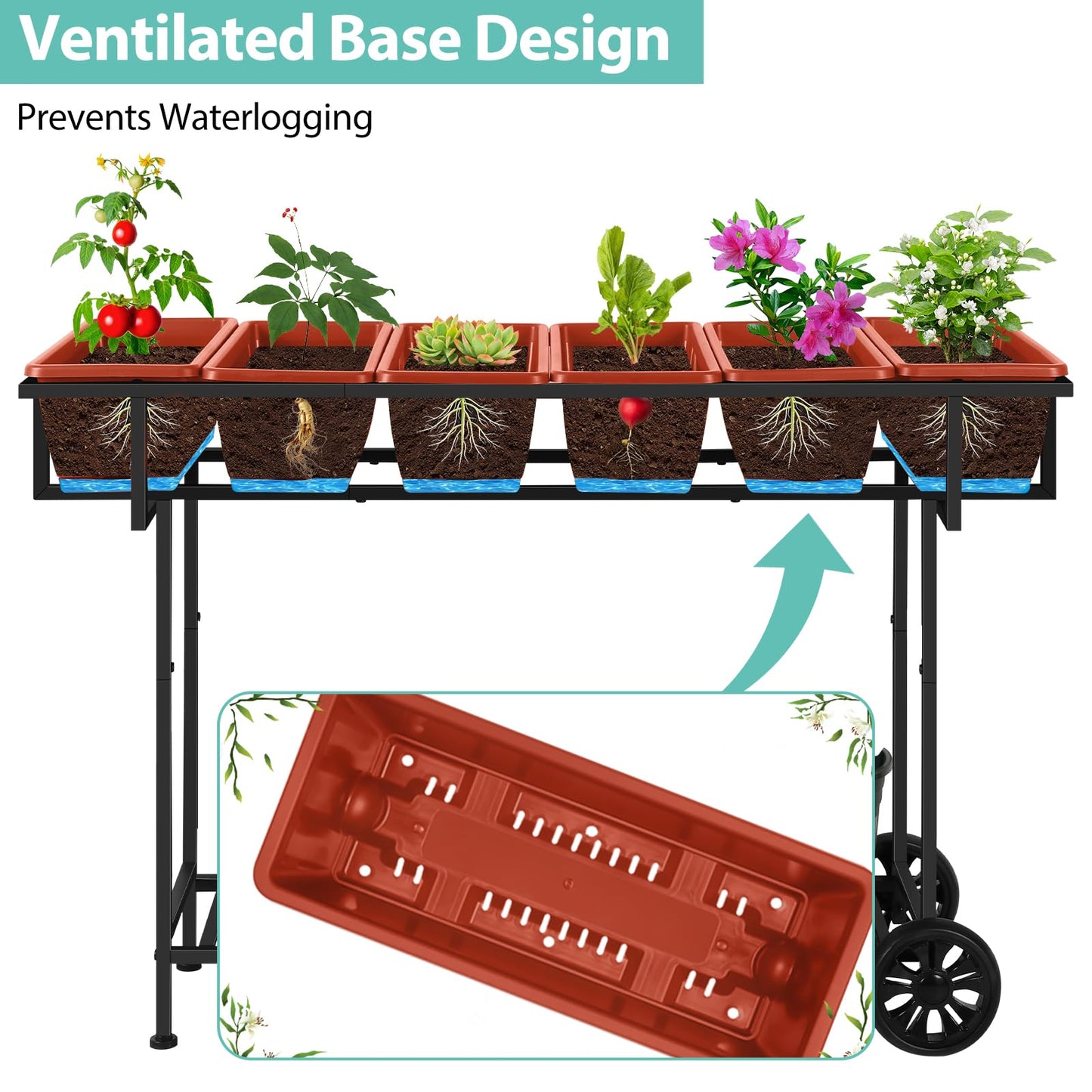YBING Elevated Garden Bed with Wheels Outdoor 42x17x30in Elevated Raised Planter Box Stand 6 Pocket Herb Garden Planter with Storage Shelf for Balcony Patio, Red