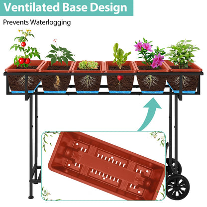 YBING Elevated Garden Bed with Wheels Outdoor 42x17x30in Elevated Raised Planter Box Stand 6 Pocket Herb Garden Planter with Storage Shelf for Balcony Patio, Red