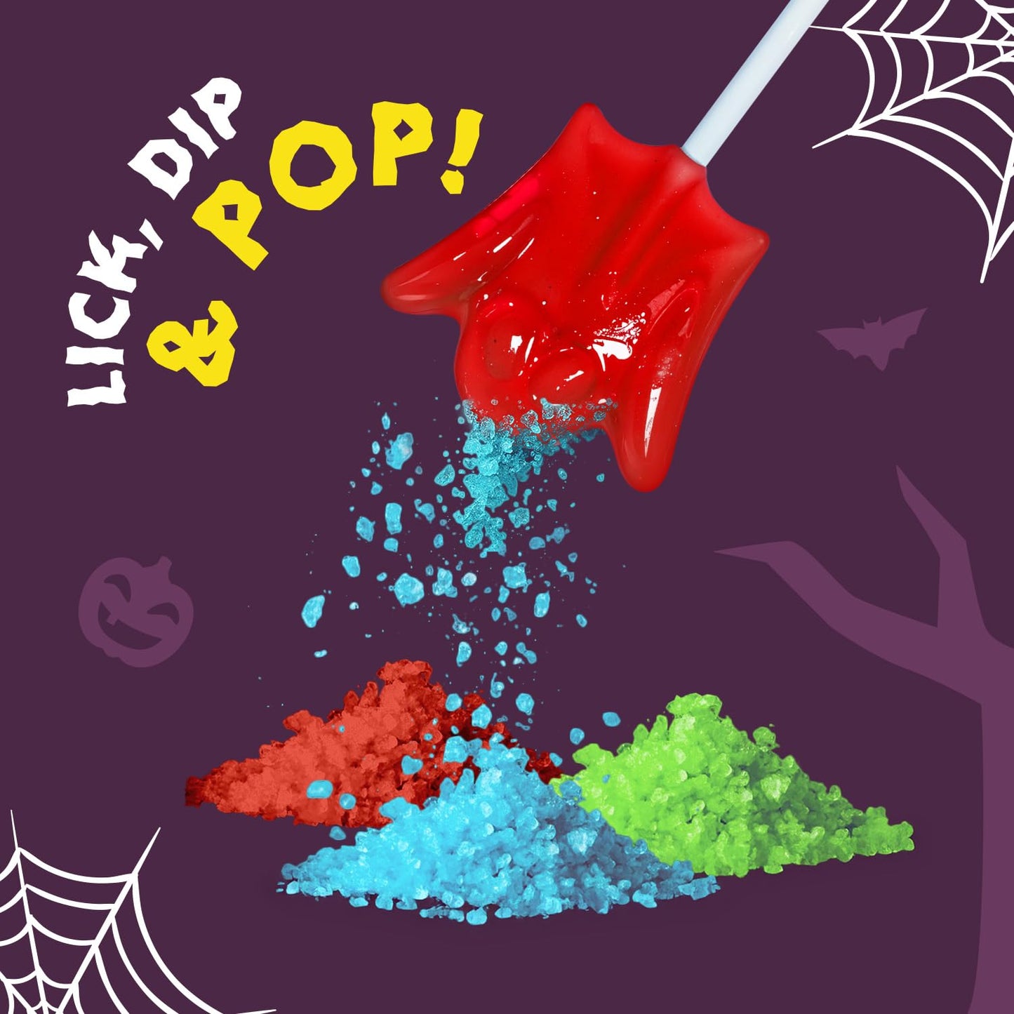 Sweet Dreams Popping Candy | Spooky Ghost Shaped Lollipop with Very Sour Dip Pouches, and Stickers | Display Pack, 12 Bags (3 pouches in each)- 36 Total Pouches