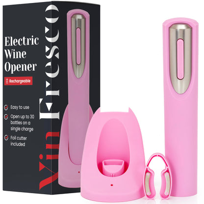 Rechargeable Electric Wine Bottle Opener - Charging Base and Foil Cutter Included with Automatic Wine Opener - Electric Corkscrew for Easy Cork Removal - Best Gift for Wine Lover (Pink & Silver)