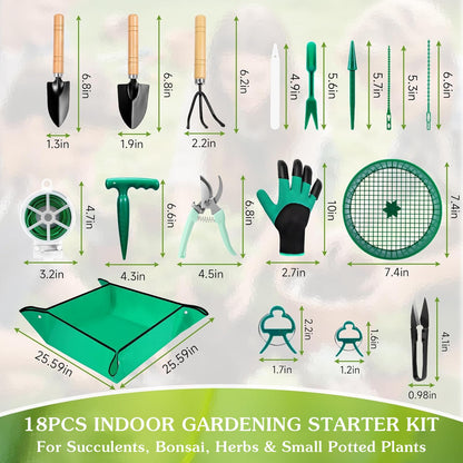 Gardening Tool Set, 18PCS Indoor Plant Tools for Succulents, Bonsai & Herbs, Mini Garden Tools with Repotting Mat for Indoor Plants, Soil Scoop, Pruner, Gloves, Plant Ties & Labels