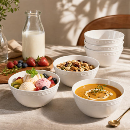 BEESEN 5.8in Basic White Beaded Melamine Plastic Cereal Bowl Set, Soup Bowls Set of 6, Dishwasher Safe, Break-Resistant, 23oz Melamine Bowls for Daily Use