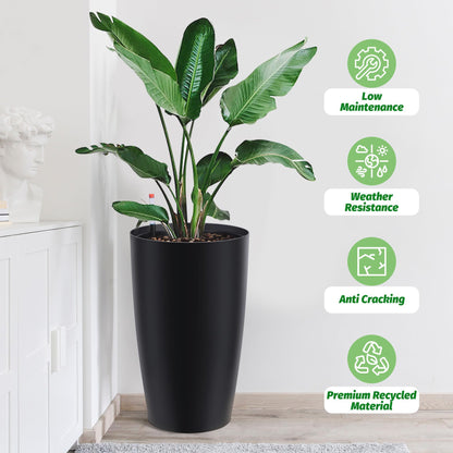 ActiveTrail 22 in Tall Planters Set of 2, Large Black Planters for Indoor & Outdoor Plants, Self Watering Pots with Water Level Monitor and Inner Bucket for Porch, Patio, Backyard