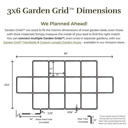 Garden Grid Watering System - 3x6 Cornerless | Raised Garden Bed Drip Irrigation System - But Better | Pre-Assembled, Waters Every Plant Evenly | for Beds w/Corner Posts or Curved Ends | 33.5"x66"