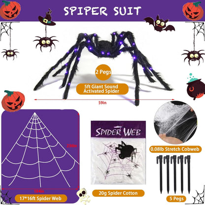 5ft Giant Light Up Sound Activated Talking Halloween Spider with Purple Lights and 17 * 16Ft Spider Web with 200sqft Stretched Cobweb for Indoor Outdoor Decorations and Yard Creepy Lighted Decor