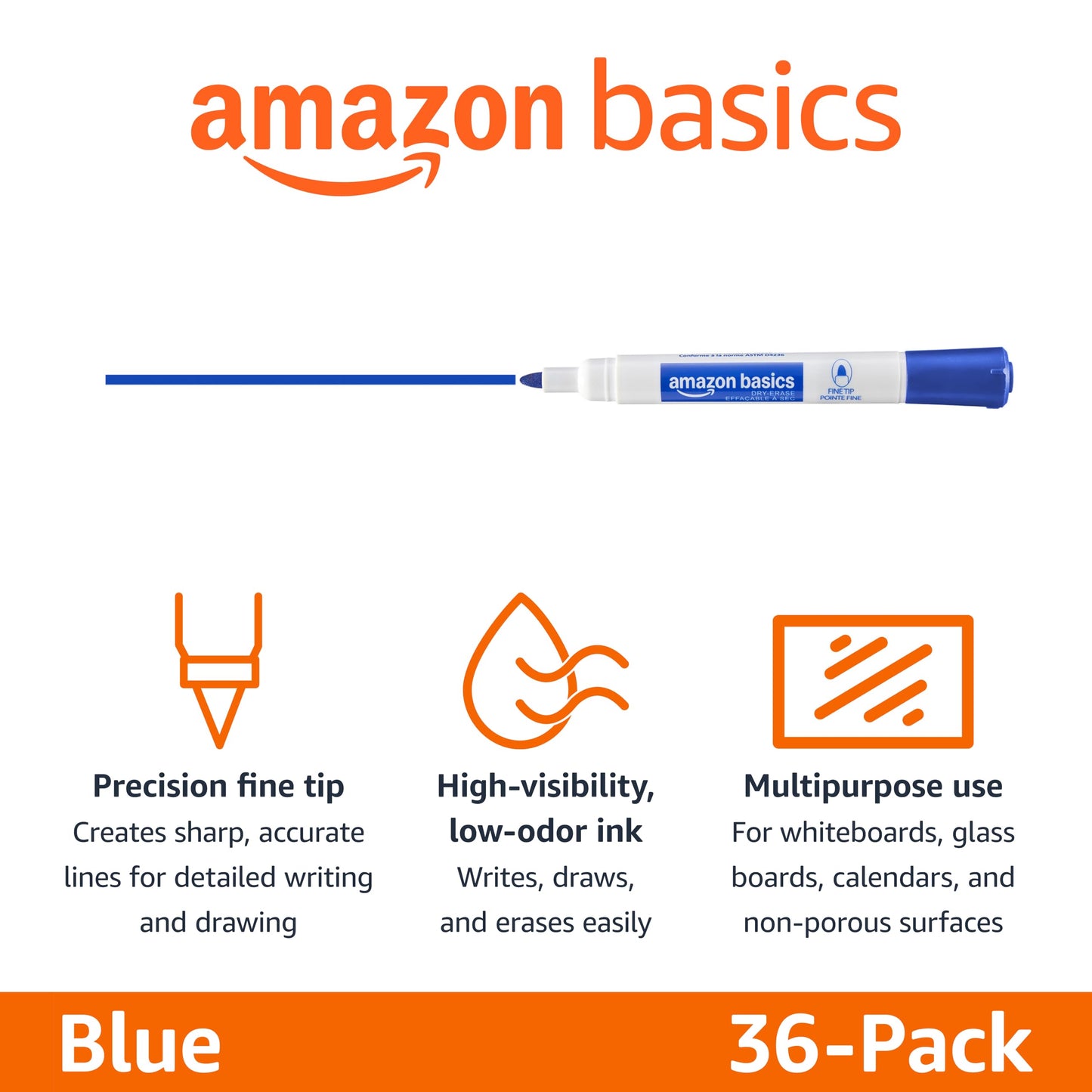 Amazon Basics Low-Odor Dry Erase Whiteboard Markers, Fine Tip, Quick-Dry, Blue, 36-Pack