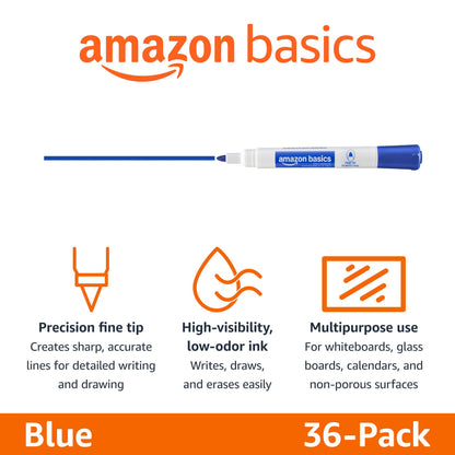 Amazon Basics Low-Odor Dry Erase Whiteboard Markers, Fine Tip, Quick-Dry, Blue, 36-Pack