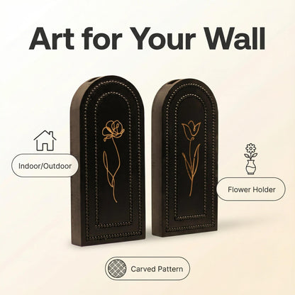 2 Pack Wooden Wall Planter Vase Set, Black Finish Modern Farmhouse & Boho Wall Decor for Living Room, Bathroom, Kitchen, Dining Room (Black)