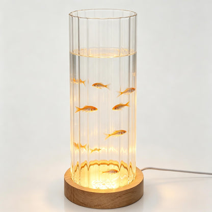 Wisifayardin Ribbed Glass Cylinder Vase with LED Light Base - 7.9 Inch Clear Fluted Bud Vase for Flowers Pampas Grass, Light Up Terrarium Fish Bowl Centerpiece, Home Decor Gift