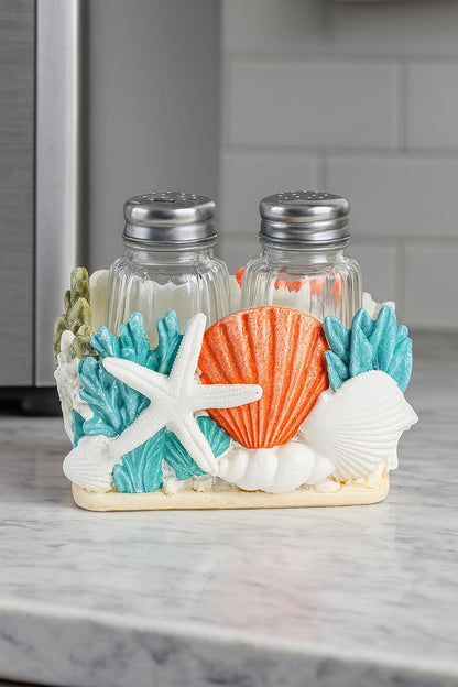 The Bridge Collection Decorative Coral Salt And Pepper Shaker Holder With Shakers Included - Coastal Kitchen Table Accent For Ocean Or Beach Theme - Seaside Kitchen Decor For Beach House